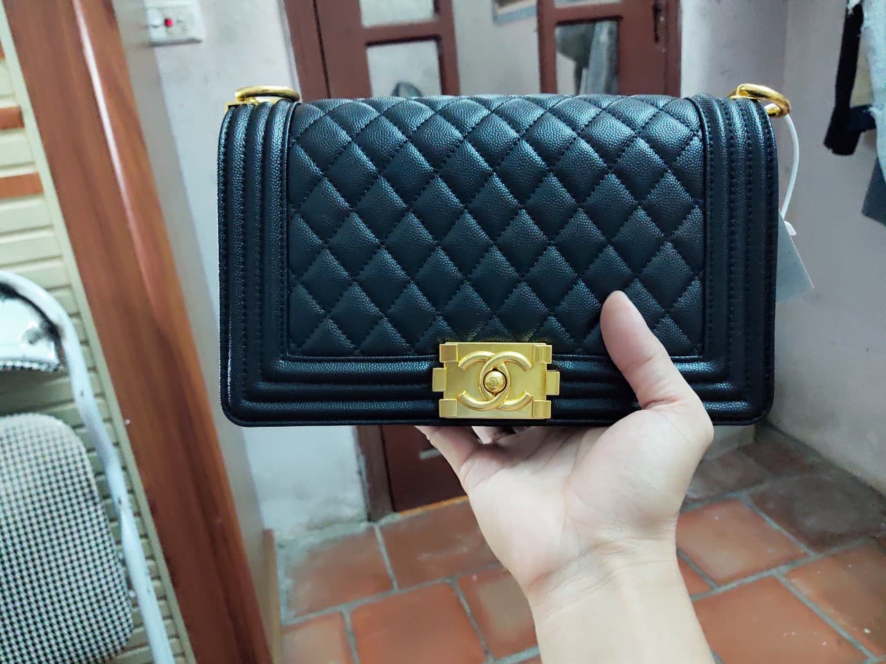 Chanel le Boy Caviar Small in Aged Gold Hardware Luxury Bags  Wallets on  Carousell